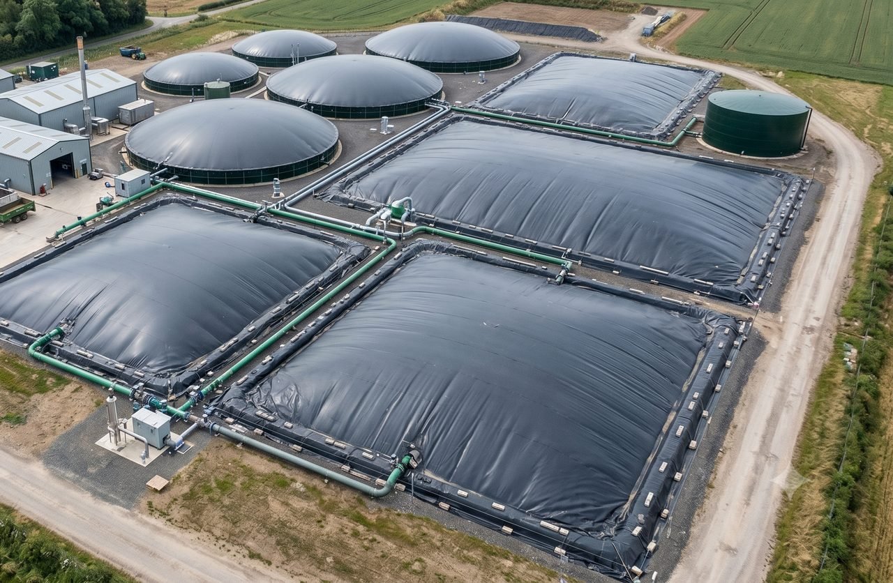 บ่อหมักก๊าซชีวภาพ (Biogas) ปูและคลุมด้วยแผ่น HDPE ดักเก็บก๊าซมีเทนเพื่อผลิตพลังงาน